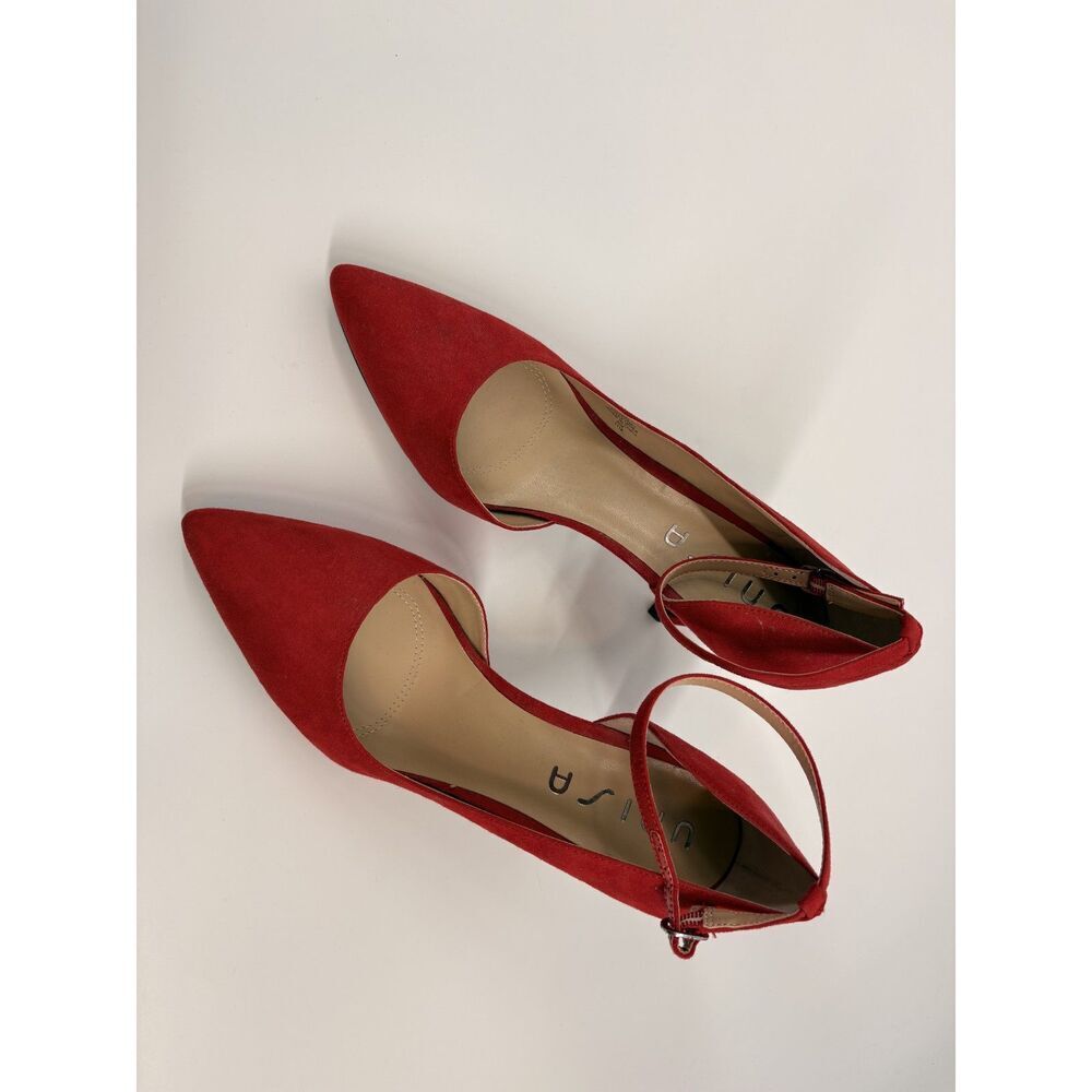 Red Suede Ankle Strap Heels | Pointed Toe Stiletto Pumps - Picture 3 of 7